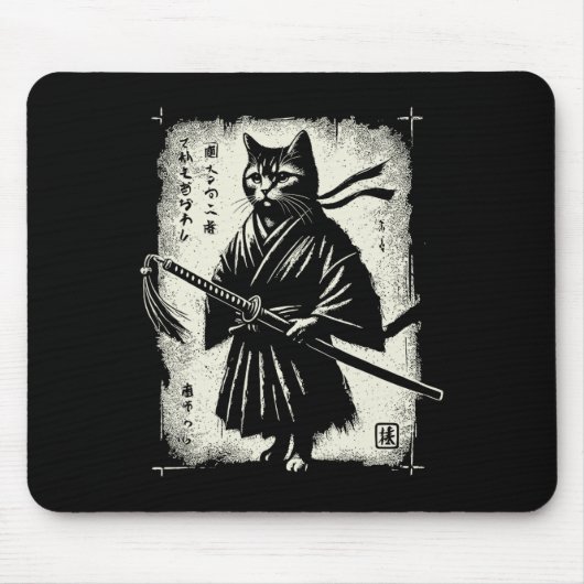 Samurai Cat Ukiyo-e Warrior Art Graphic Sumi-e Cat Mousepad (Vorne)