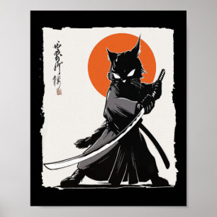 Samurai Cat Vintag Ukiyo-e Funny Warrior Cat Mang Poster