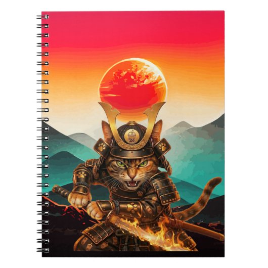Samurai Cat Warrior Sunset Premium spiral Notebook Notizblock (Vorderseite)