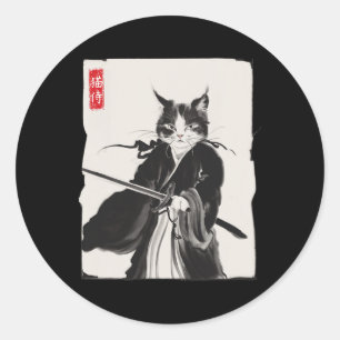 Samurai Cat Warrior Tinte Art Funny Japanese Style Runder Aufkleber