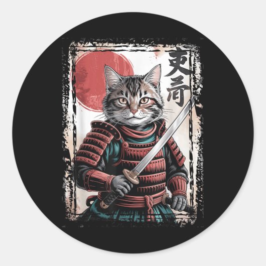 Samurai Cat Warrior Ukiyo Ink Artwork Cat Samurai Runder Aufkleber (Vorderseite)