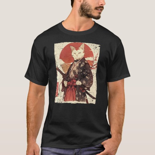 Samurai Cat Warrior Ukiyo Ink Artwork Cat Samurai T-Shirt (Vorderseite)