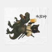 Samurai Cat with Beer & T-Rex | Retro Japanese Art Fleecedecke (Vorderseite (Horizontal))