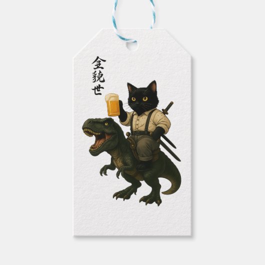 Samurai Cat with Beer & T-Rex | Retro Japanese Art Geschenkanhänger (Vorderseite)