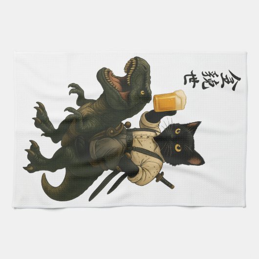 Samurai Cat with Beer & T-Rex | Retro Japanese Art Geschirrtuch (Horizontal)
