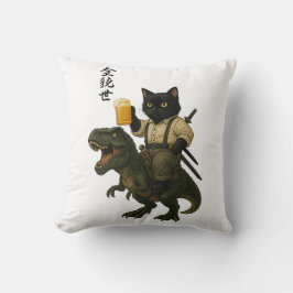 Samurai Cat with Beer & T-Rex | Retro Japanese Art Kissen