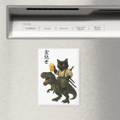 Samurai Cat with Beer & T-Rex | Retro Japanese Art Magnet (In Situ (Geschirrspüler))
