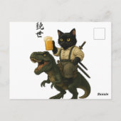 Samurai Cat with Beer & T-Rex | Retro Japanese Art Postkarte (Rückseite)