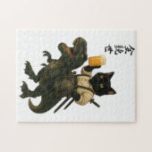 Samurai Cat with Beer & T-Rex | Retro Japanese Art Puzzle (Horizontal)