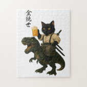 Samurai Cat with Beer & T-Rex | Retro Japanese Art Puzzle (Vertikal)