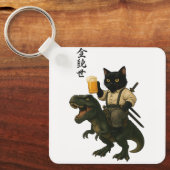 Samurai Cat with Beer & T-Rex | Retro Japanese Art Schlüsselanhänger (Vorderseite)