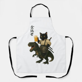 Samurai Cat with Beer & T-Rex | Retro Japanese Art Schürze