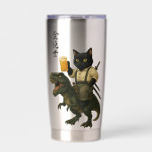 Samurai Cat with Beer & T-Rex | Retro Japanese Art Thermobecher (Vorderseite)