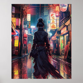 Samurai CyberPunk Modern Nightscape Futuristic Poster