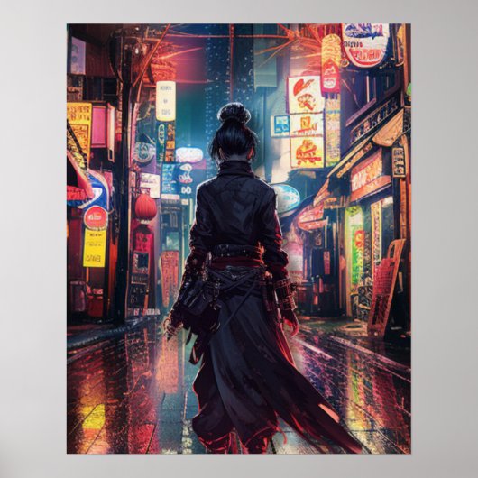 Samurai CyberPunk Modern Nightscape Futuristic Poster (Vorne)
