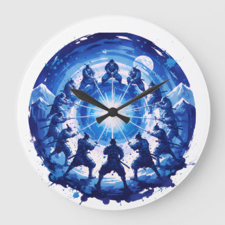 Samurai-Einheit japanische blaue Tinten-Kunst krei Große Wanduhr
