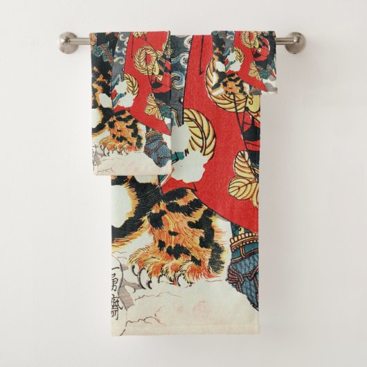 Samurai Fighting a Tiger, Kuniyoshi, Ukiyo-e Badhandtuch Set (Insitu)