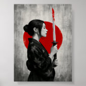 Samurai Frau mit Katana vor der roten Sonne Poster (Vorne)