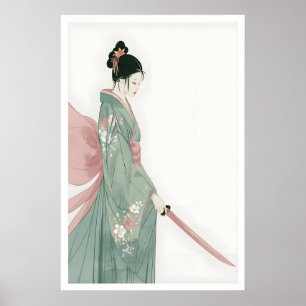 Samurai-Frau-Wandkunst Rosa und grüne Blumen Poster