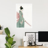 Samurai-Frau-Wandkunst Rosa und grüne Blumen Poster (Heimbüro)
