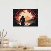 Samurai & Fuji | Moon & Cherry Blüten Kunst Poster (Küche)