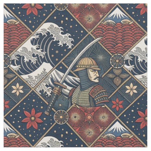Samurai & Große Welle Traditionelles Japanisches M Stoff (Nahaufnahme)