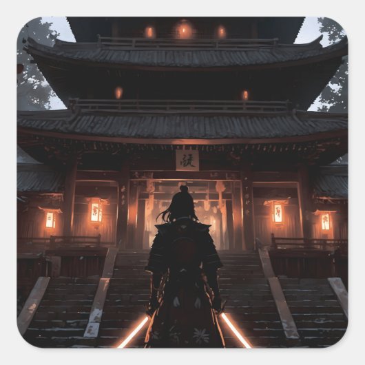 Samurai in front of a Japanese temple Quadratischer Aufkleber (Vorderseite)