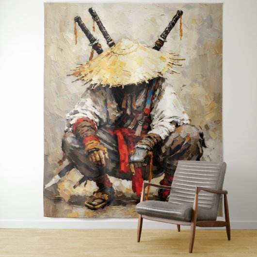 Samurai in Ruhe Palettenmesser Orange Impasto Wandteppich (Beispiel)