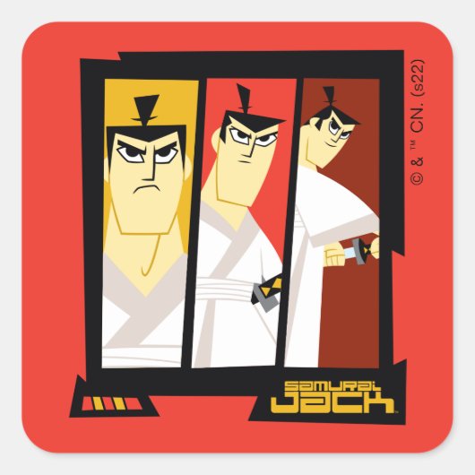 Samurai Jack-Zeichen Tri-Panel-Futuristikrahmen Quadratischer Aufkleber (Vorderseite)