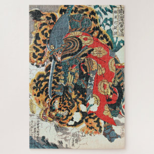 Samurai kämpft gegen einen Tiger, Kuniyoshi, Ukiyo Puzzle