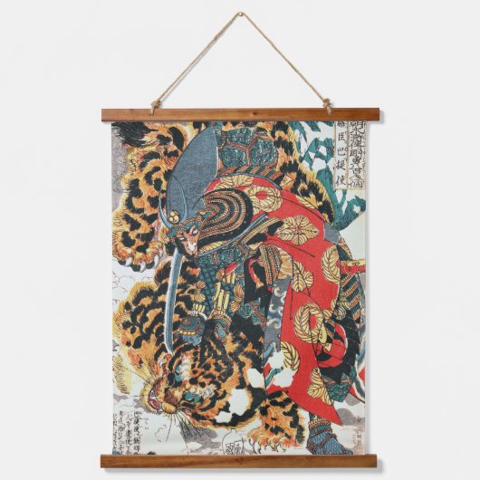 Samurai kämpft gegen einen Tiger, Kuniyoshi, Ukiyo Wandteppich Mit Holzrahmen (Vorderseite)