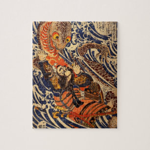 Samurai kämpft gegen großes Reptil, etwa 1800er Puzzle