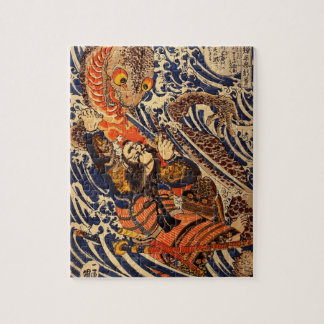 Samurai kämpft gegen großes Reptil, etwa 1800er Puzzle