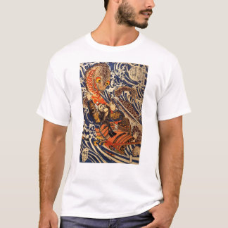 Samurai kämpft gegen großes Reptil, etwa 1800er T-Shirt