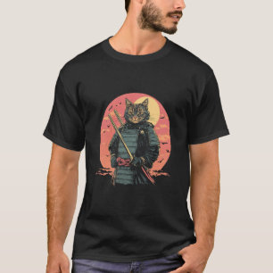 Samurai-Katze im japanischen Stil Sonnenuntergang T-Shirt