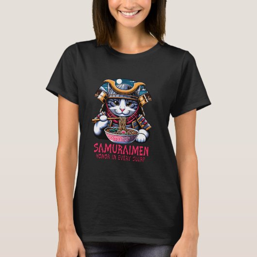 Samurai-Katze isst Ramen-Meme-Kunst T-Shirt (Vorderseite)