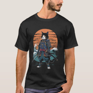 Samurai-Katze japanische Welle Kunst Retro-Grafik T-Shirt