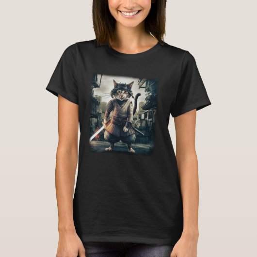 Samurai-Katze Japanischer Krieger Vintage T-Shirt (Vorderseite)