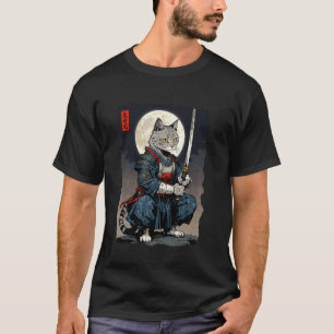 Samurai-Katze Japanischer Retro-Kämpfer Katze Mond T-Shirt