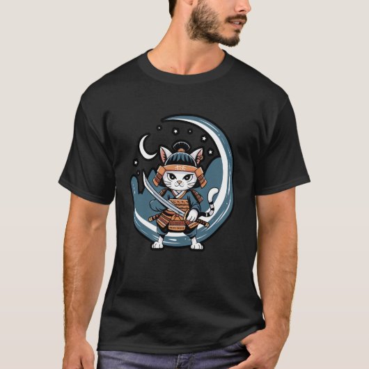 Samurai-Katze Krieger Vollmond Kunst T-Shirt (Vorderseite)