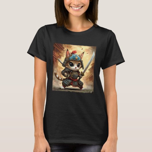 Samurai-Katze Krieger Wild & Fluffiger Stil T-Shirt (Vorderseite)