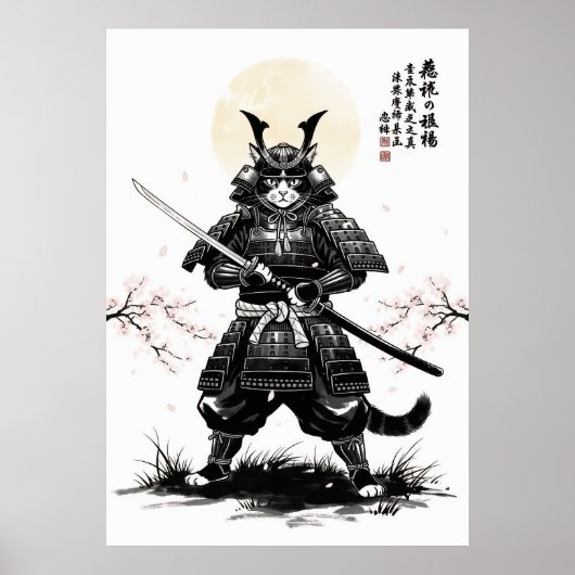 Samurai-Katze-Kunstposter mit Katana-Schwert Japan Poster (Vorne)
