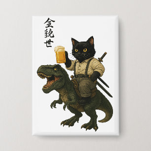Samurai-Katze mit Bier & T-Rex   Retro-Japanische  Button