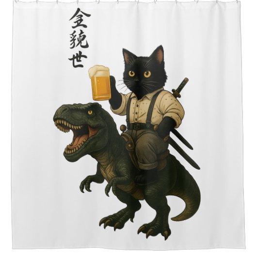 Samurai-Katze mit Bier & T-Rex | Retro-Japanische Duschvorhang (Vorderseite)