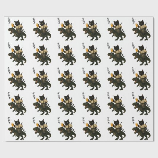Samurai-Katze mit Bier & T-Rex | Retro-Japanische  Geschenkpapier (Flach)