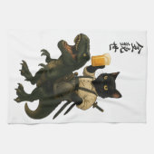 Samurai-Katze mit Bier & T-Rex | Retro-Japanische Geschirrtuch (Horizontal)