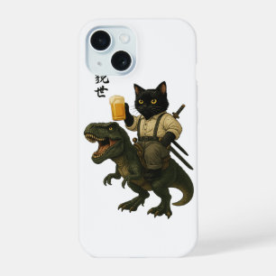 Samurai-Katze mit Bier & T-Rex Retro-Japanische iPhone 15 Hülle