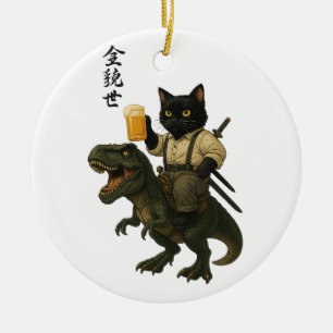 Samurai-Katze mit Bier & T-Rex Retro-Japanische Keramik Ornament