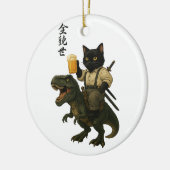 Samurai-Katze mit Bier & T-Rex | Retro-Japanische Keramik Ornament (Links)