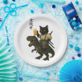 Samurai-Katze mit Bier & T-Rex | Retro-Japanische Pappteller (Party)